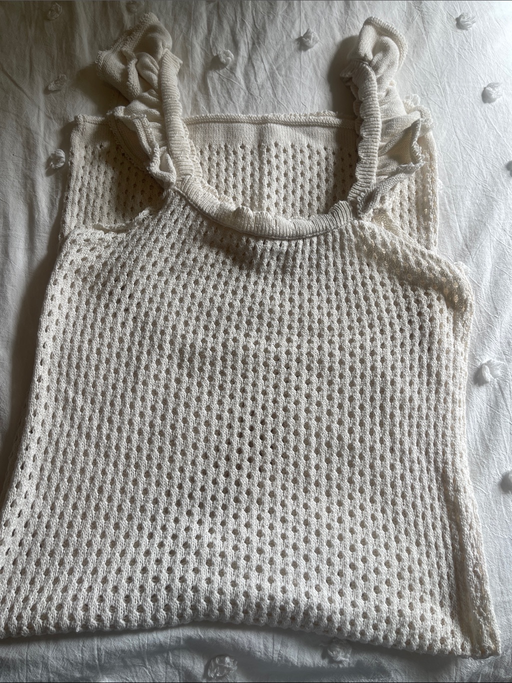 Francesca's Collections Cream Knit Ruffle Strap Tank